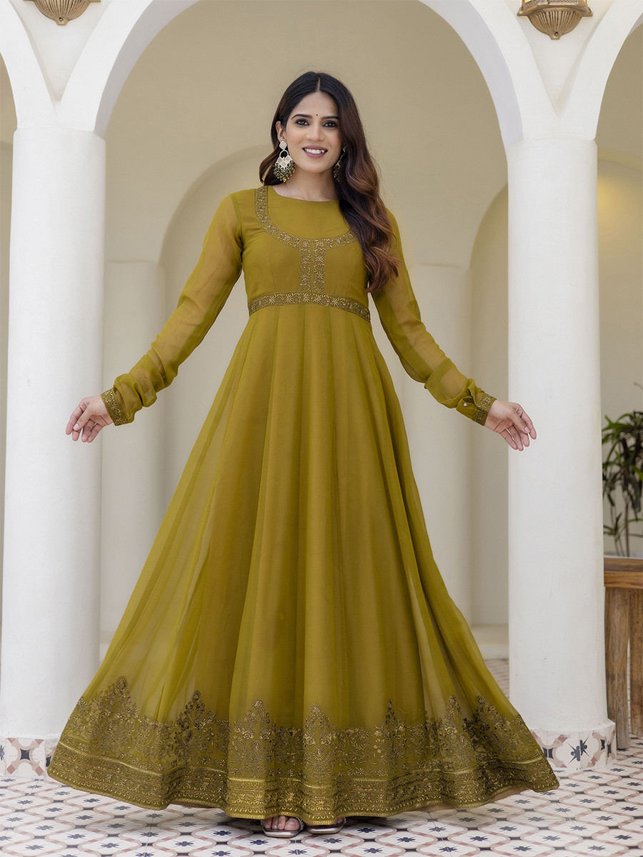 Olive Georgette Embroidered Wedding Festival Casual Party Wear Gown Women Wear