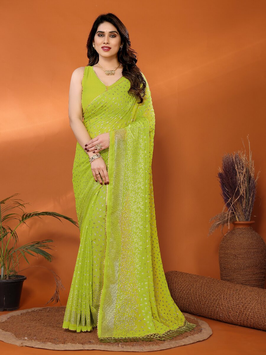 Olive Georgette Traditional Foil Work Zalar Lace Wedding Reception Party Festival Heavy Border Sarees