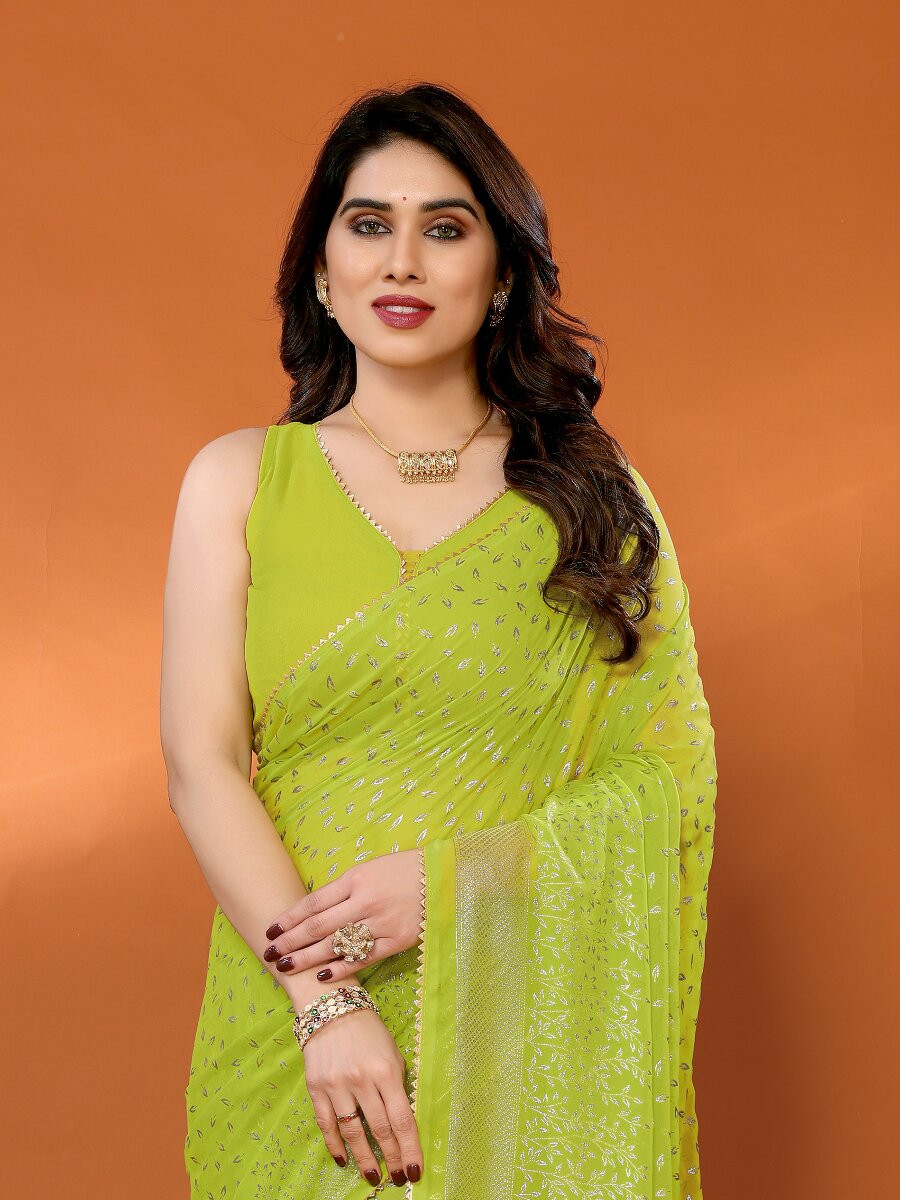 Olive Georgette Traditional Foil Work Zalar Lace Wedding Reception Party Festival Heavy Border Sarees