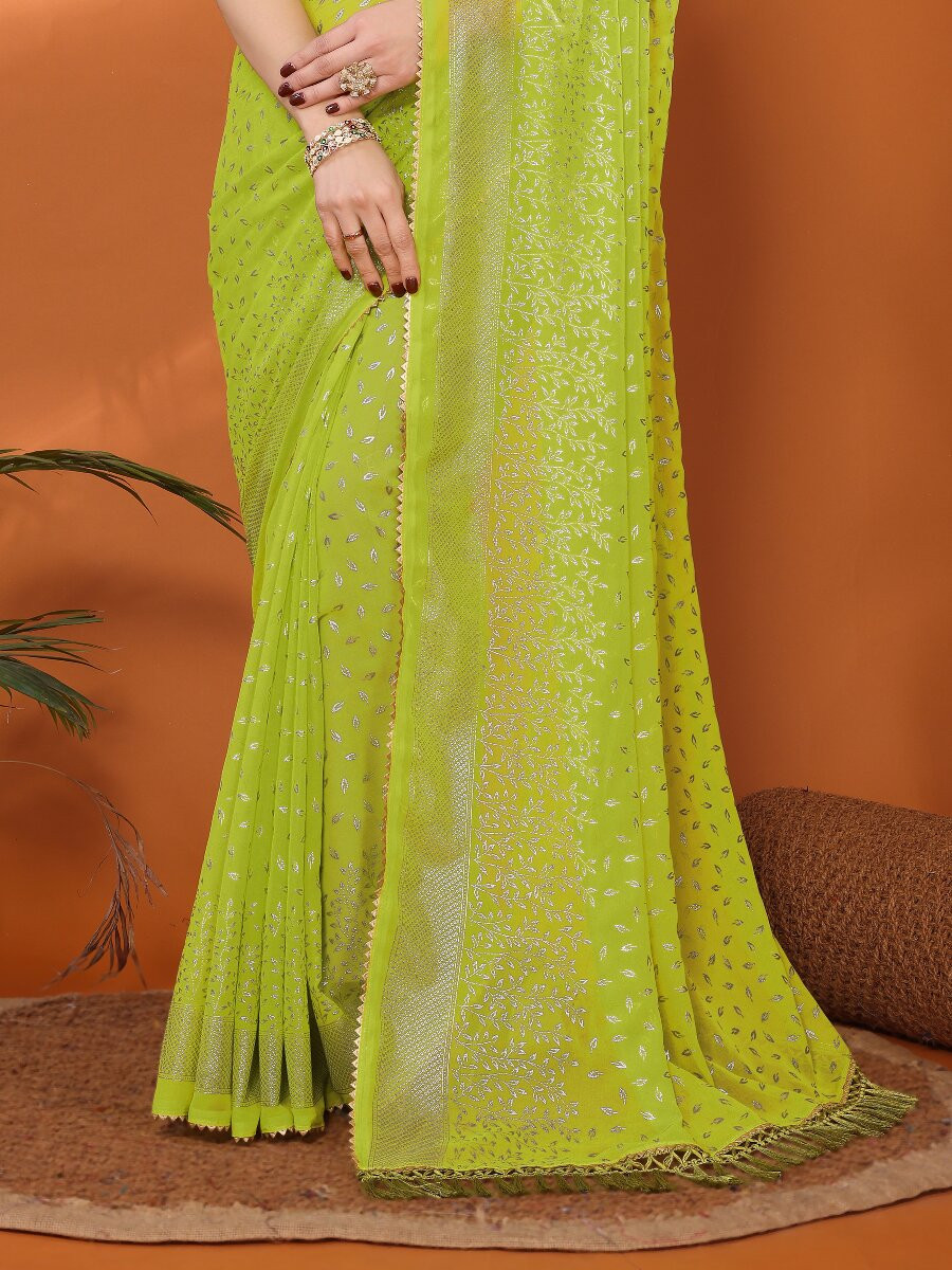Olive Georgette Traditional Foil Work Zalar Lace Wedding Reception Party Festival Heavy Border Sarees