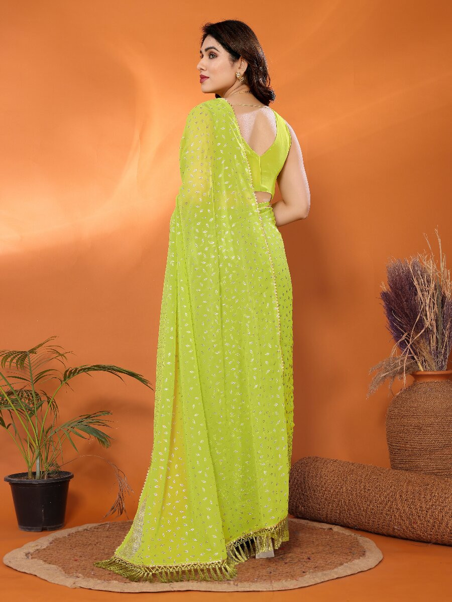 Olive Georgette Traditional Foil Work Zalar Lace Wedding Reception Party Festival Heavy Border Sarees