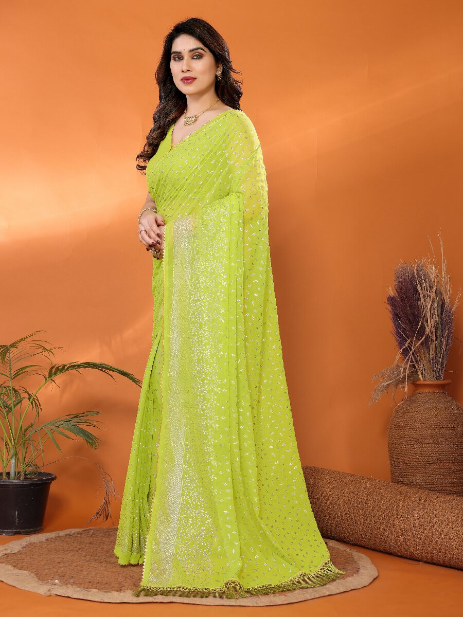 Olive Georgette Traditional Foil Work Zalar Lace Wedding Reception Party Festival Heavy Border Sarees