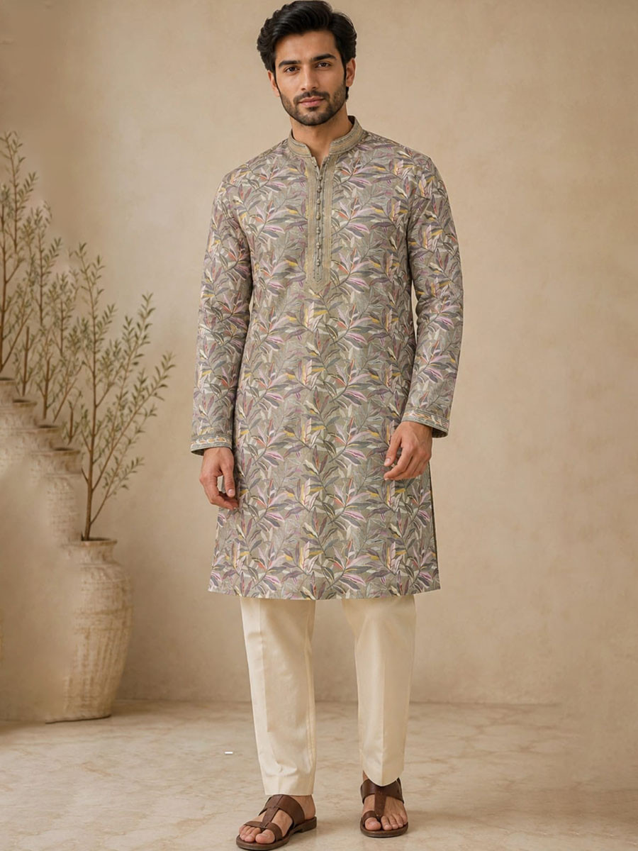 Olive Green Art Silk Embroidery Printed Wedding Party Festival Casual Mens Wear Kurta