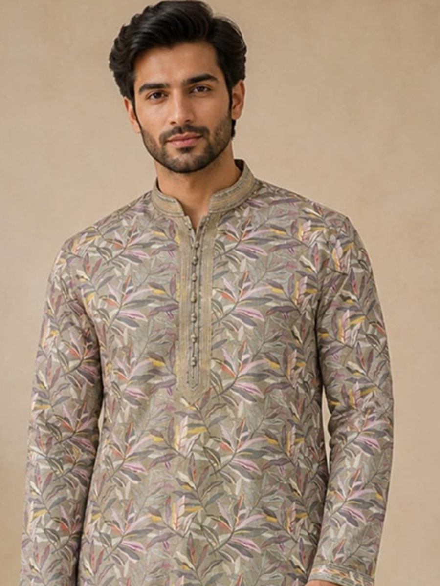 Olive Green Art Silk Embroidery Printed Wedding Party Festival Casual Mens Wear Kurta