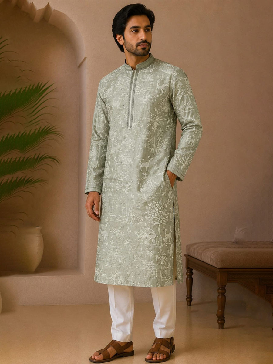 Olive Green Art Silk Embroidery Wedding Party Festival Casual Mens Wear Kurta