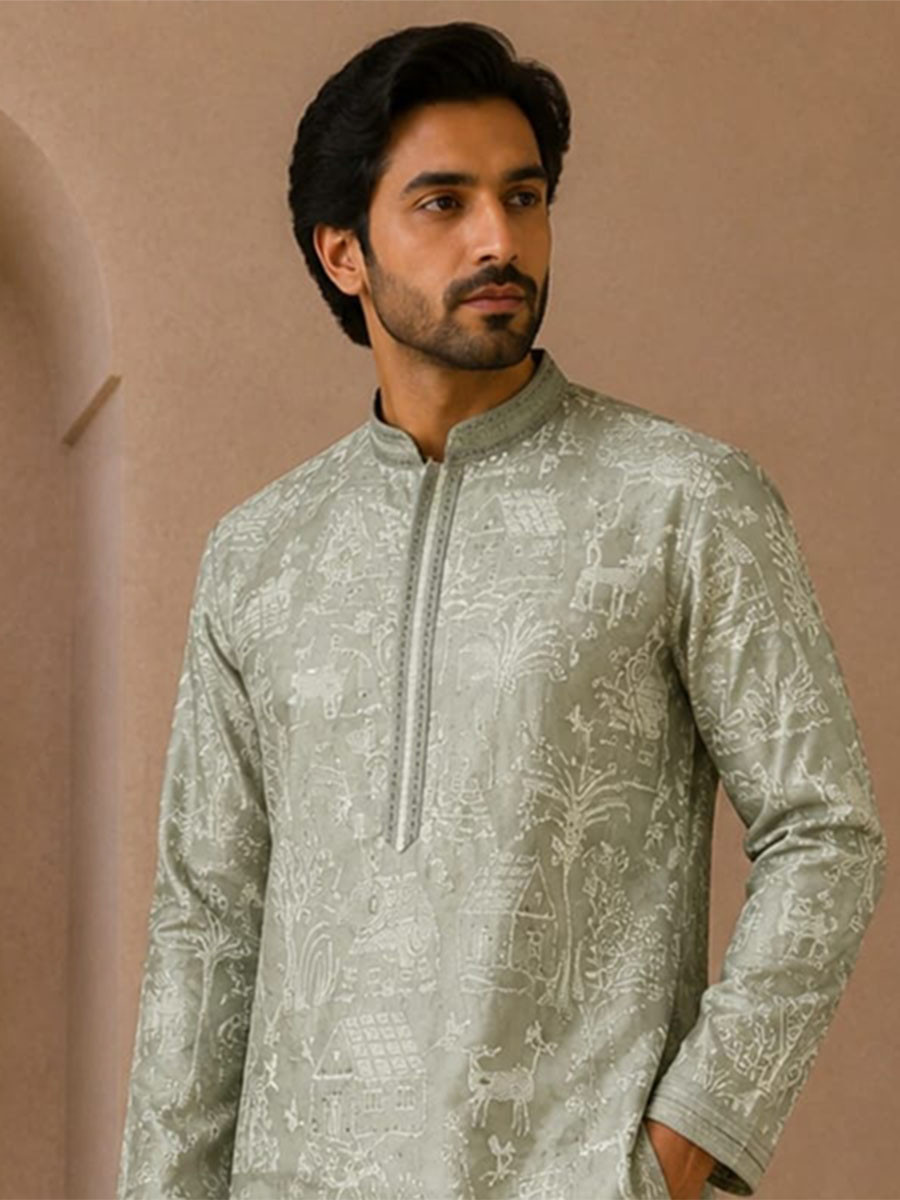 Olive Green Art Silk Embroidery Wedding Party Festival Casual Mens Wear Kurta