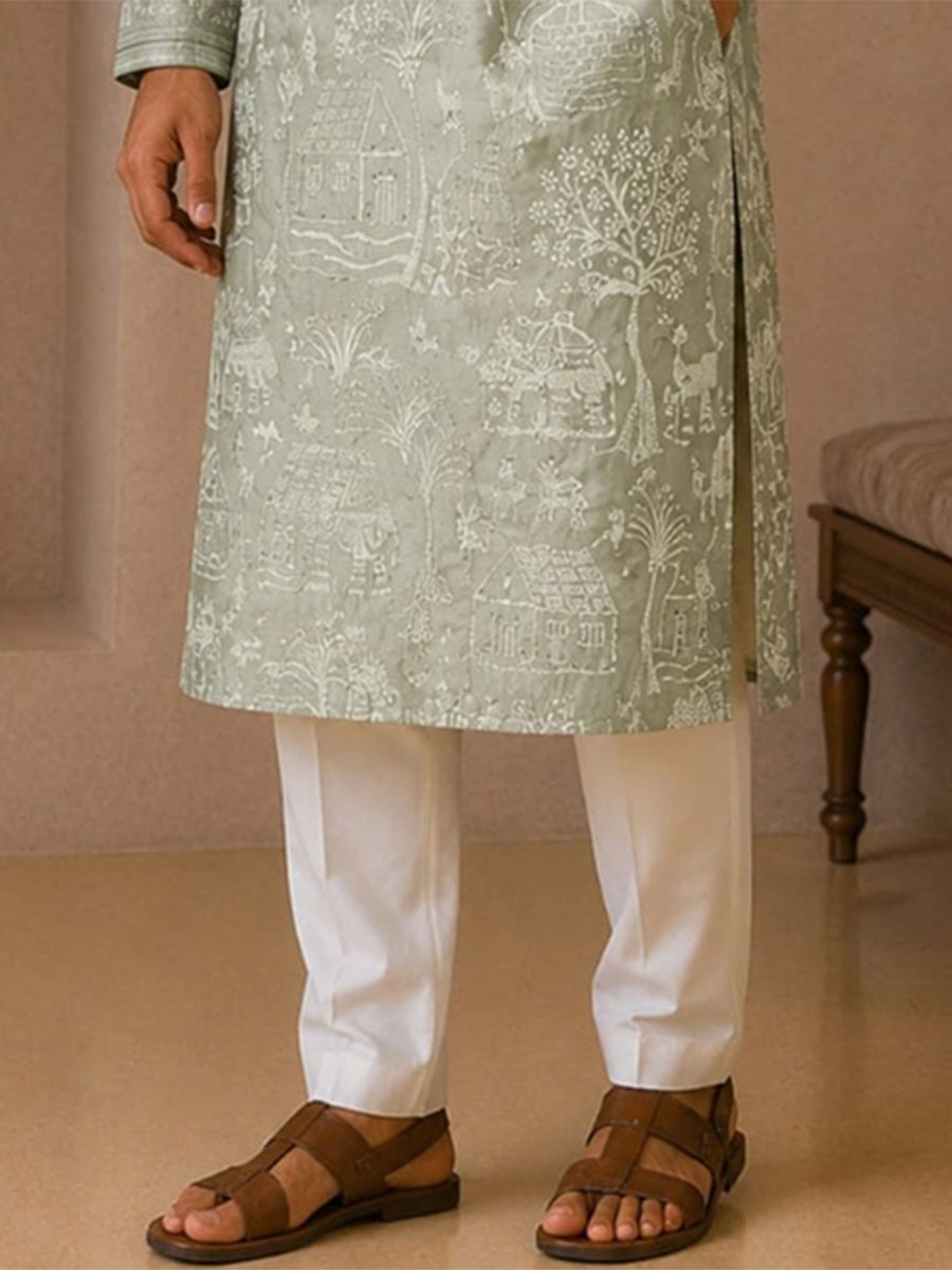 Olive Green Art Silk Embroidery Wedding Party Festival Casual Mens Wear Kurta