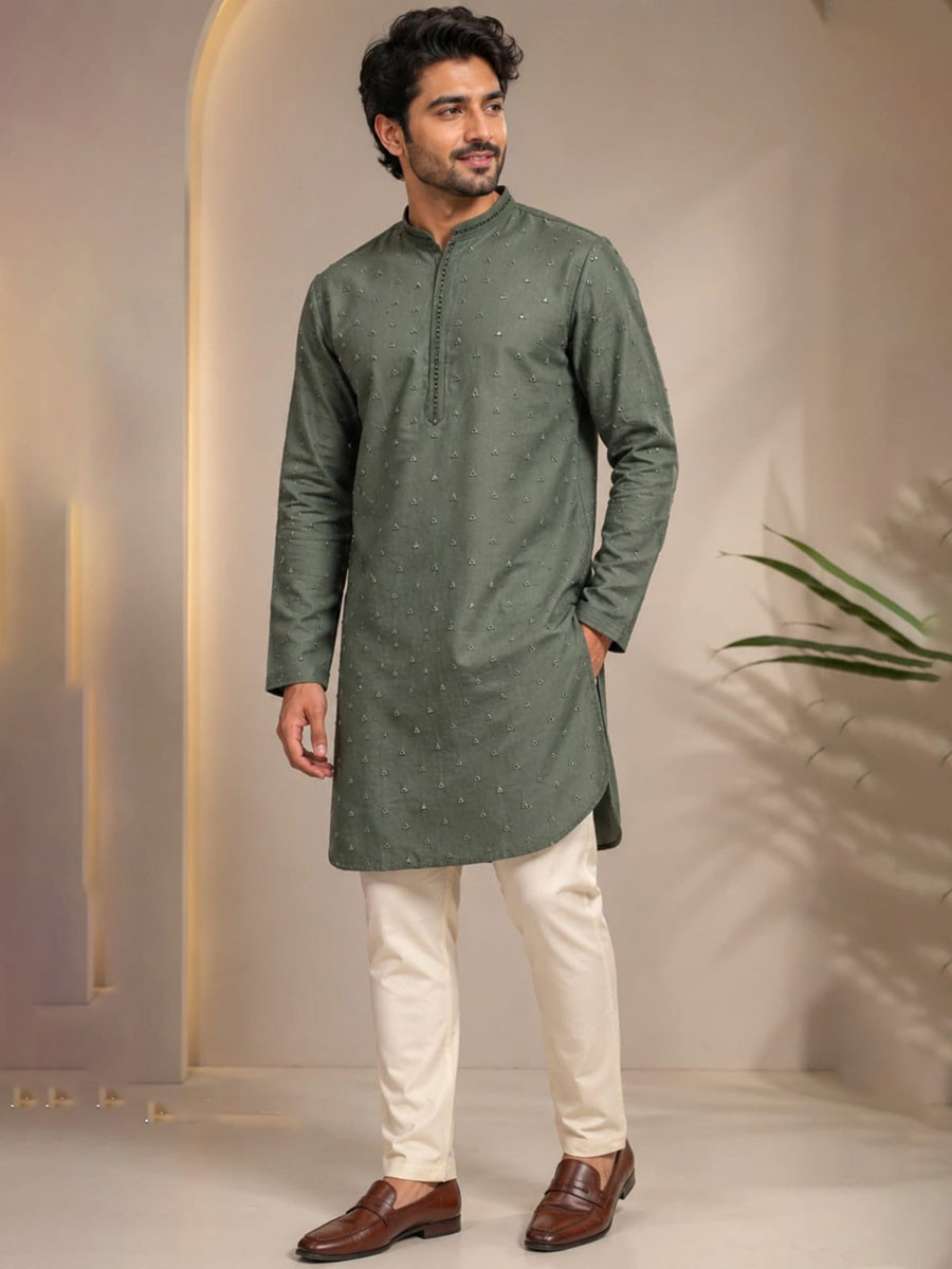 Olive Green Art Silk Embroidery Wedding Party Festival Casual Mens Wear Kurta