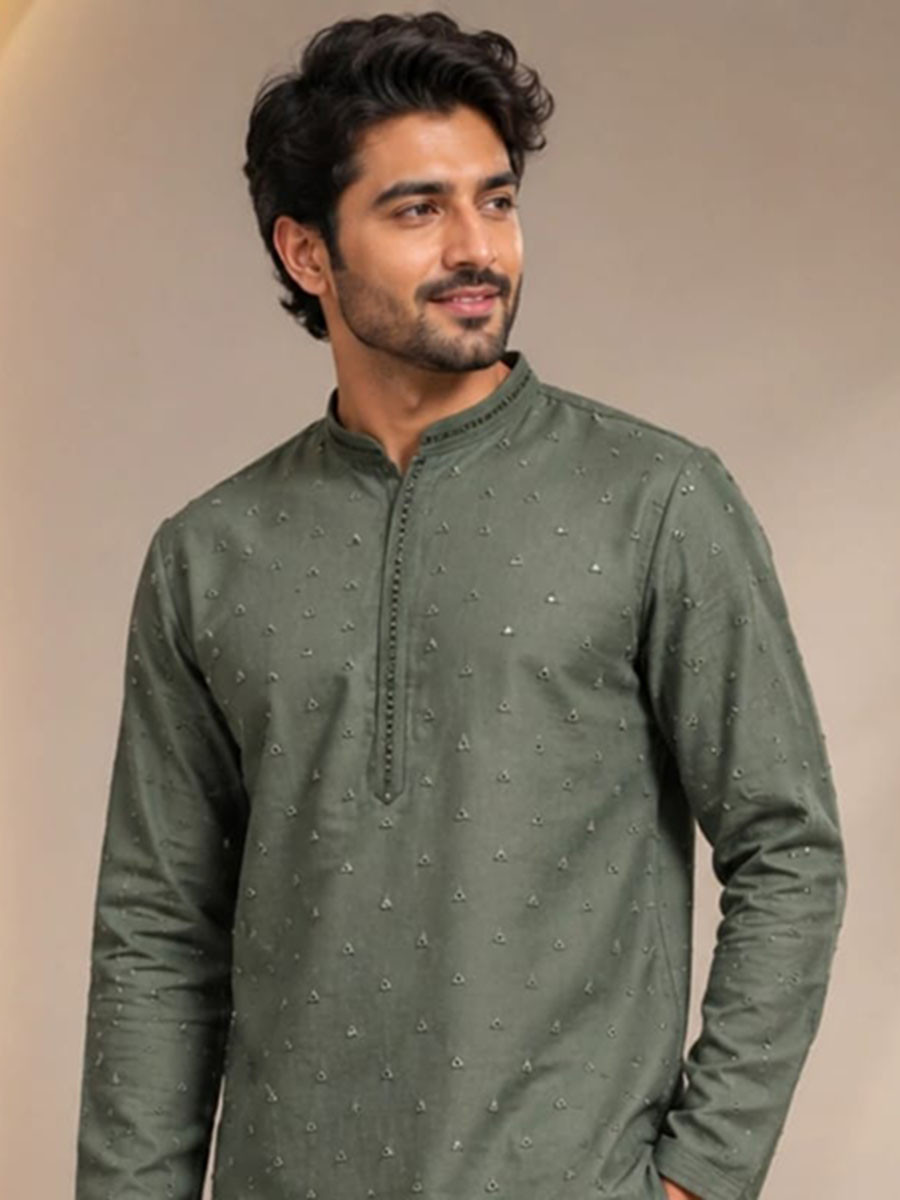 Olive Green Art Silk Embroidery Wedding Party Festival Casual Mens Wear Kurta