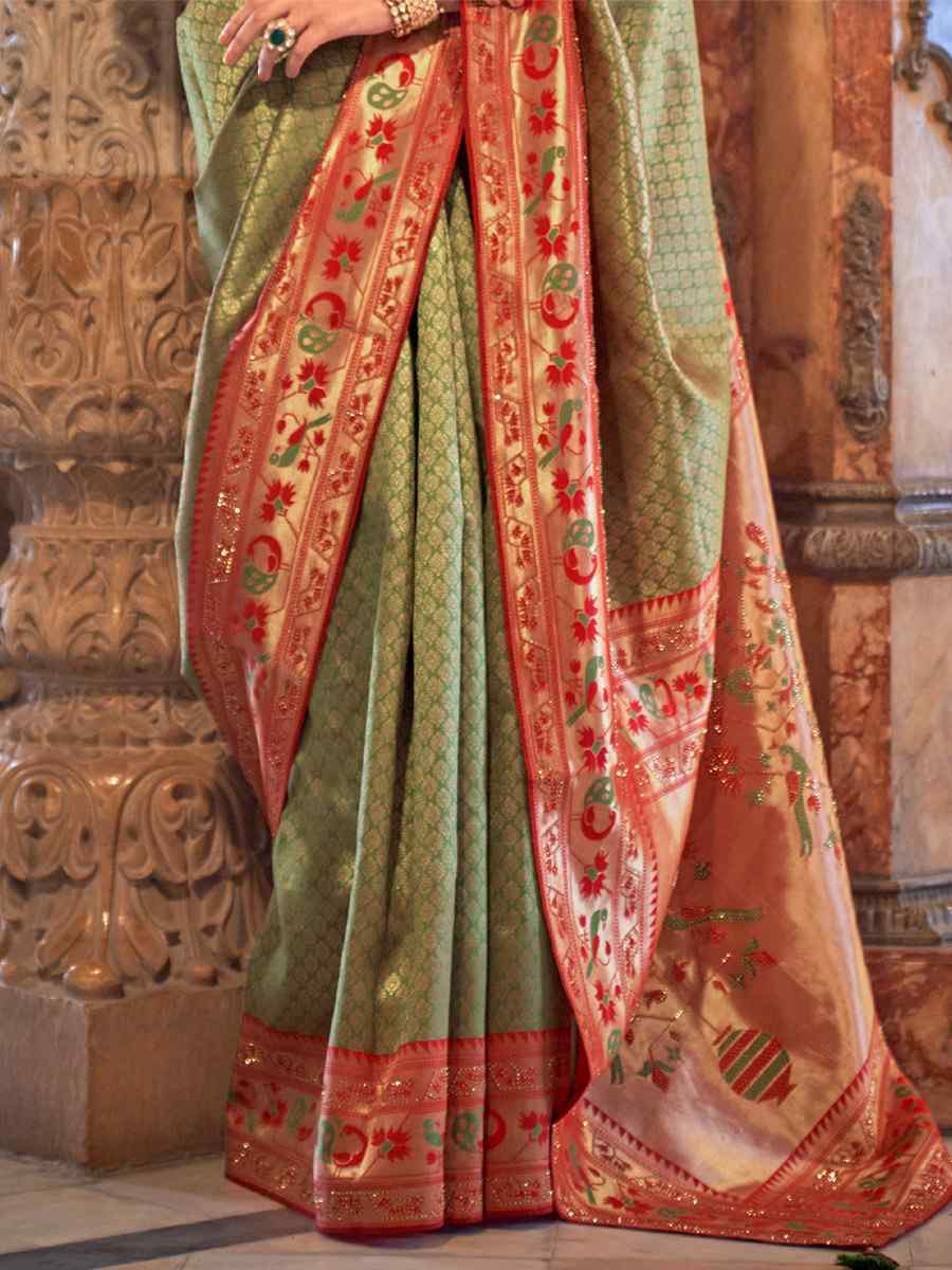 Olive Green Banarasi Silk Handwoven Wedding Festival Heavy Border Saree