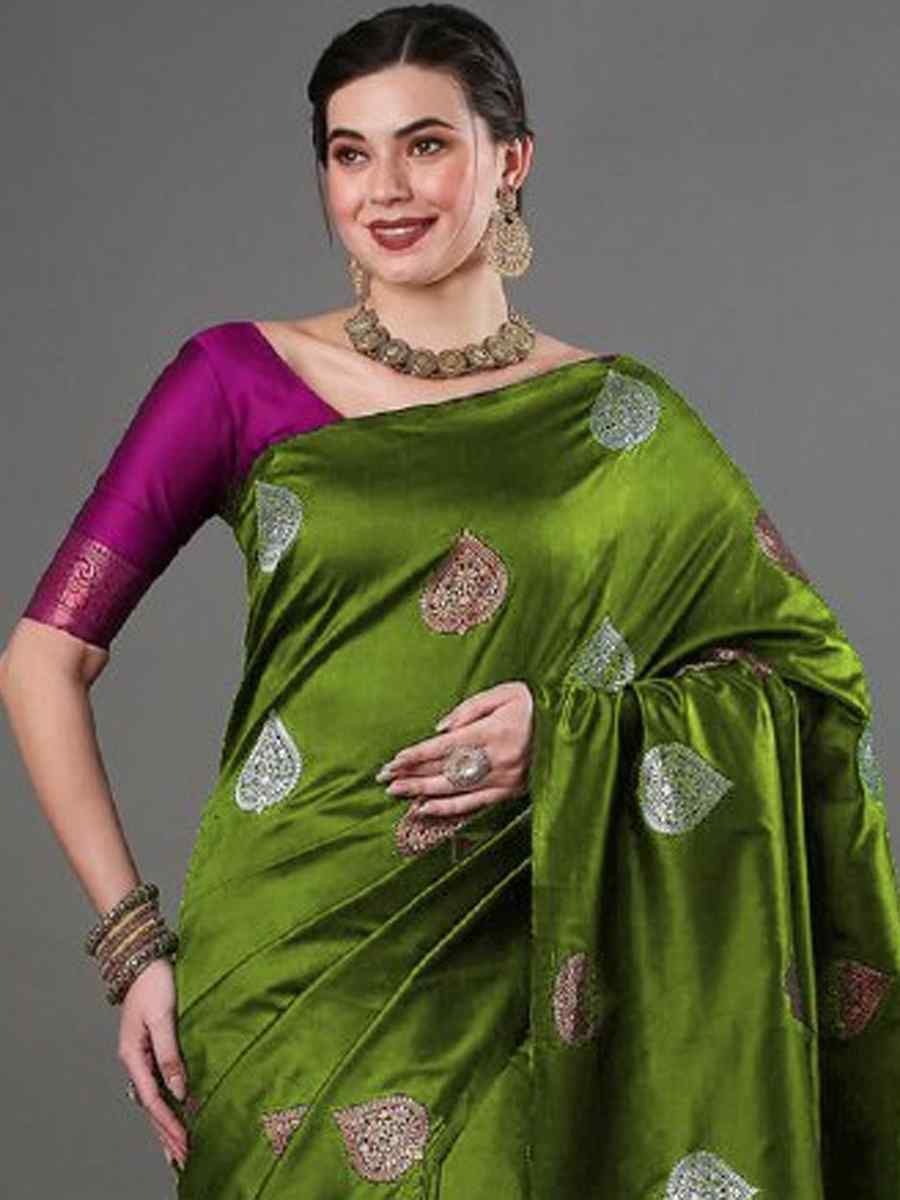 Olive Green Banarasi Soft Silk Handwoven Casual Festival Classic Style Saree