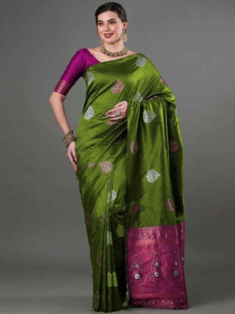 Olive Green Banarasi Soft Silk Handwoven Casual Festival Classic Style Saree