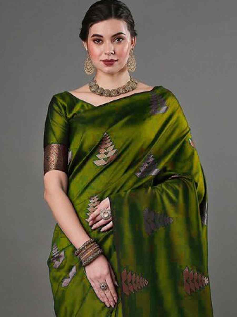 Olive Green Banarasi Soft Silk Handwoven Casual Festival Classic Style Saree
