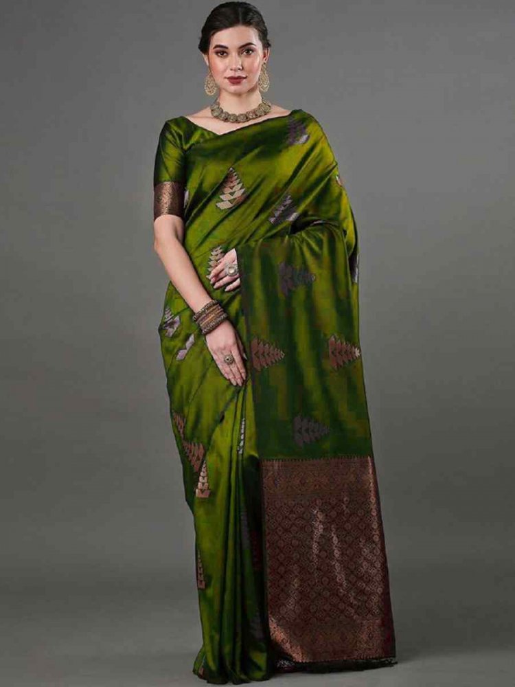 Olive Green Banarasi Soft Silk Handwoven Casual Festival Classic Style Saree