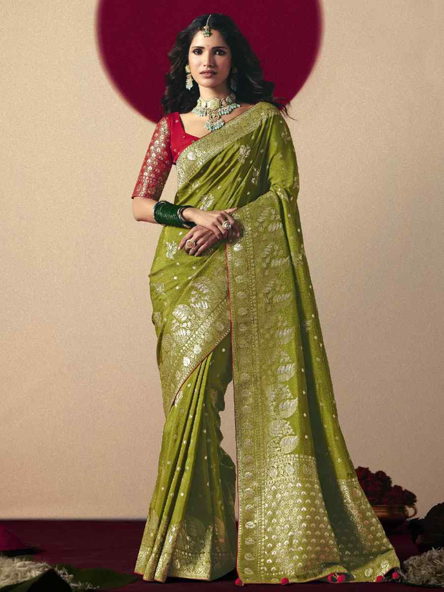 Olive Green Bemberg Viscose Handwoven Zari Work Traditional Bridal Reception Festival Wedding Fancy Heavy Border Saree