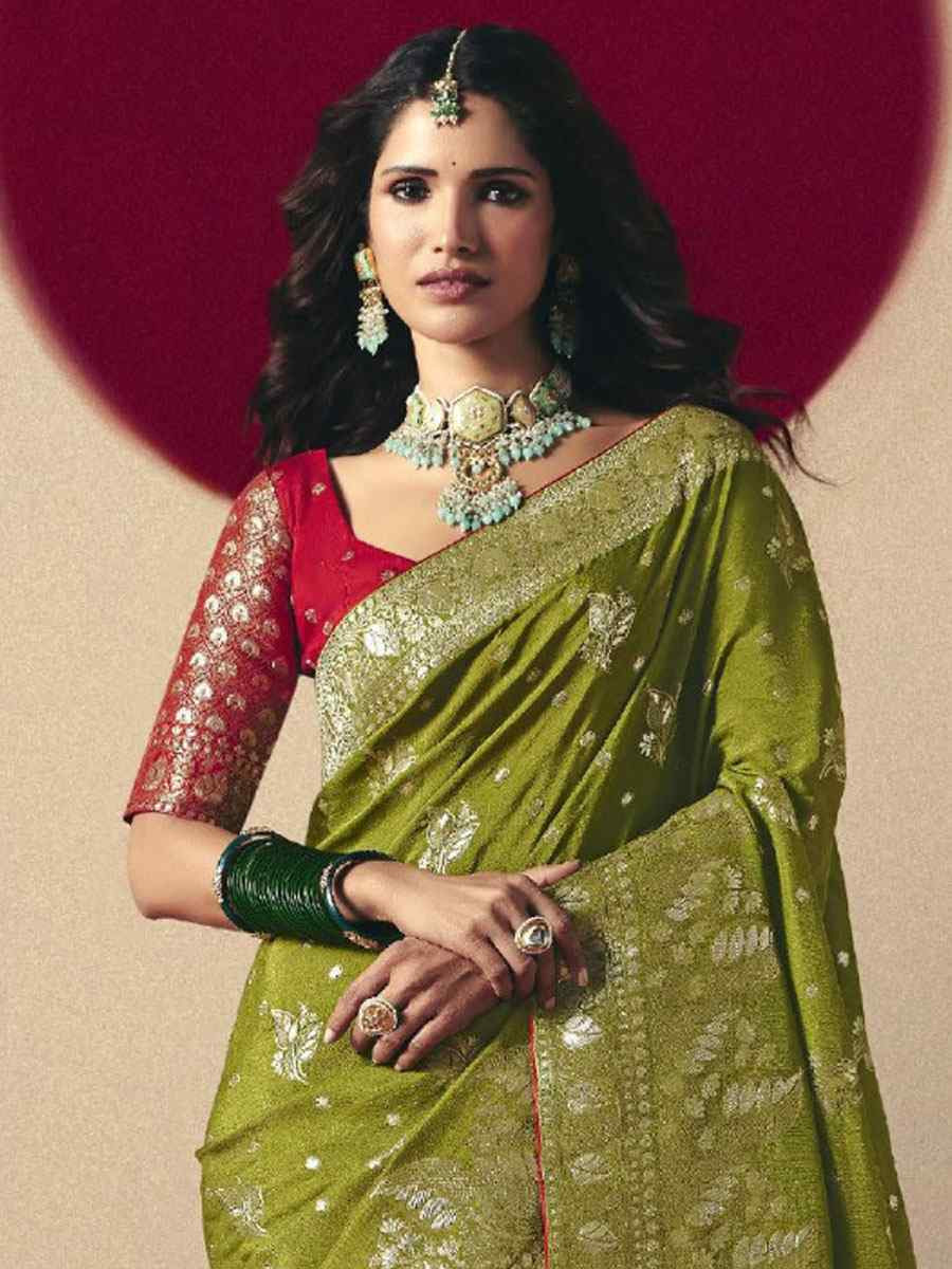 Olive Green Bemberg Viscose Handwoven Zari Work Traditional Bridal Reception Festival Wedding Fancy Heavy Border Saree