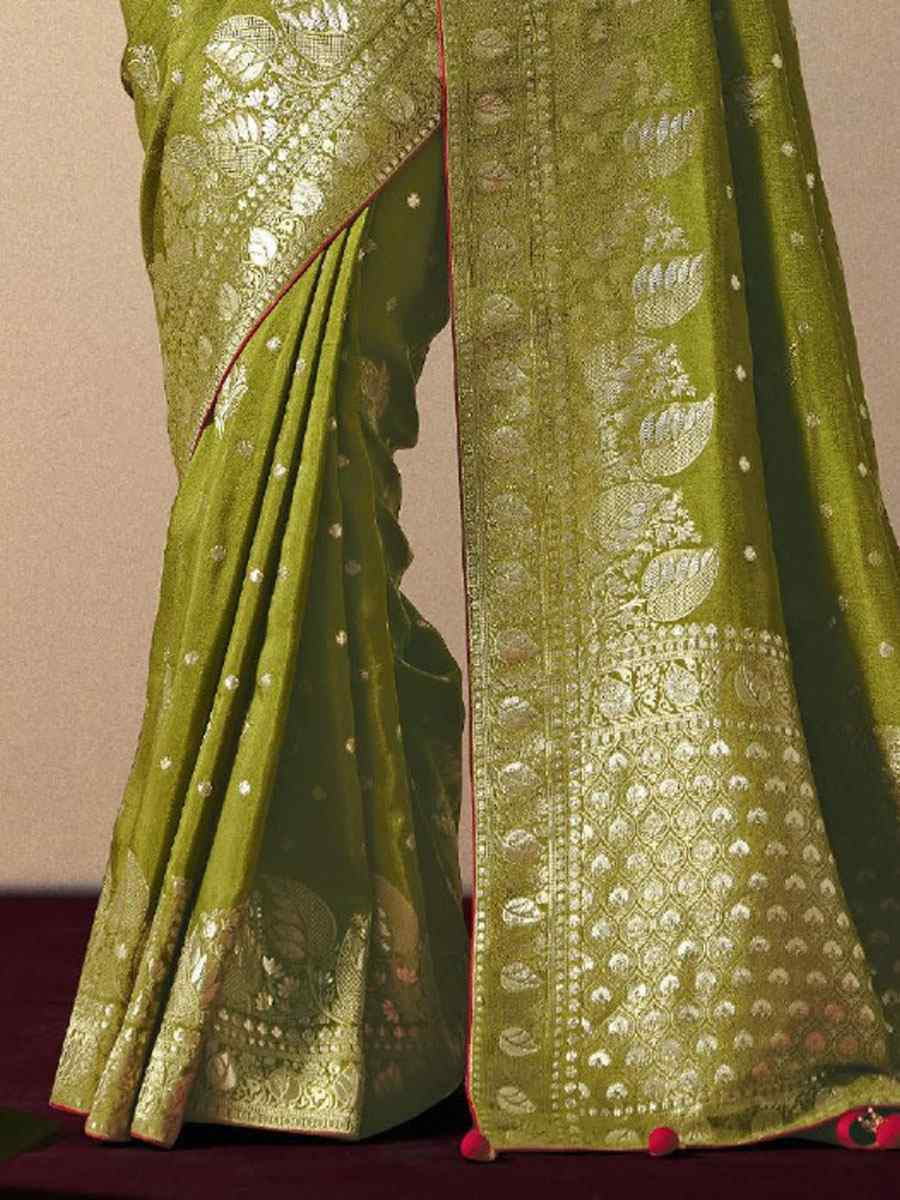 Olive Green Bemberg Viscose Handwoven Zari Work Traditional Bridal Reception Festival Wedding Fancy Heavy Border Saree
