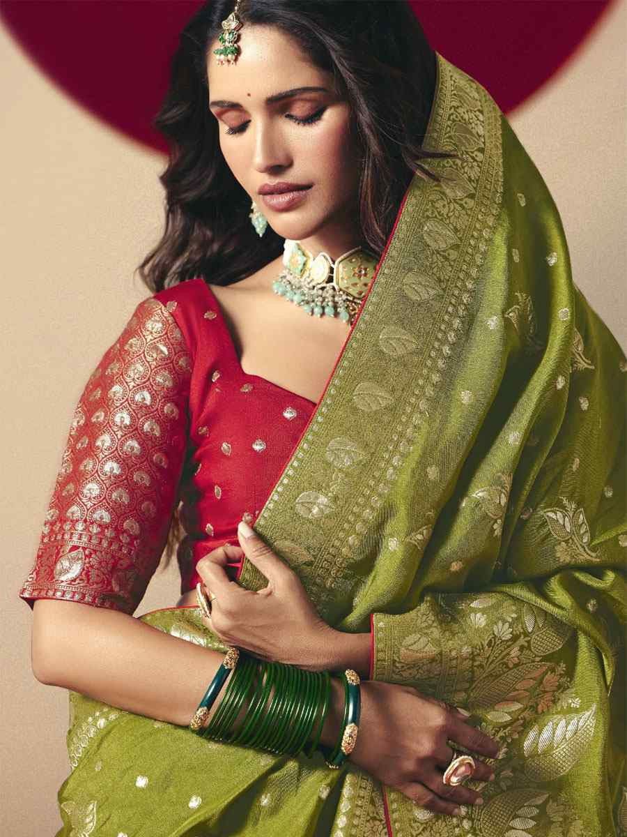 Olive Green Bemberg Viscose Handwoven Zari Work Traditional Bridal Reception Festival Wedding Fancy Heavy Border Saree