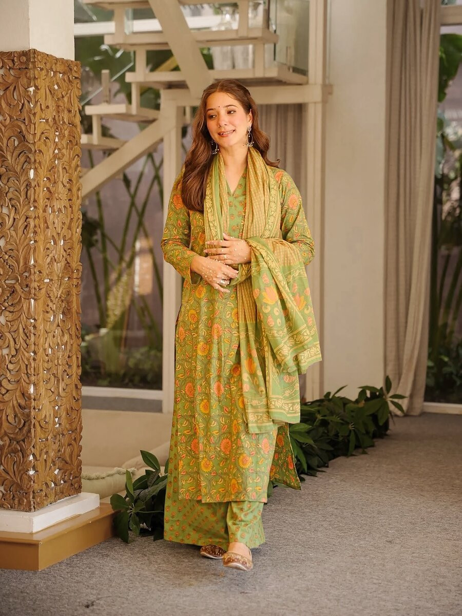Olive Green Cambric cottan Printed Wedding Party Festival Casual Ready Palazzo Pant Salwar Kameez
