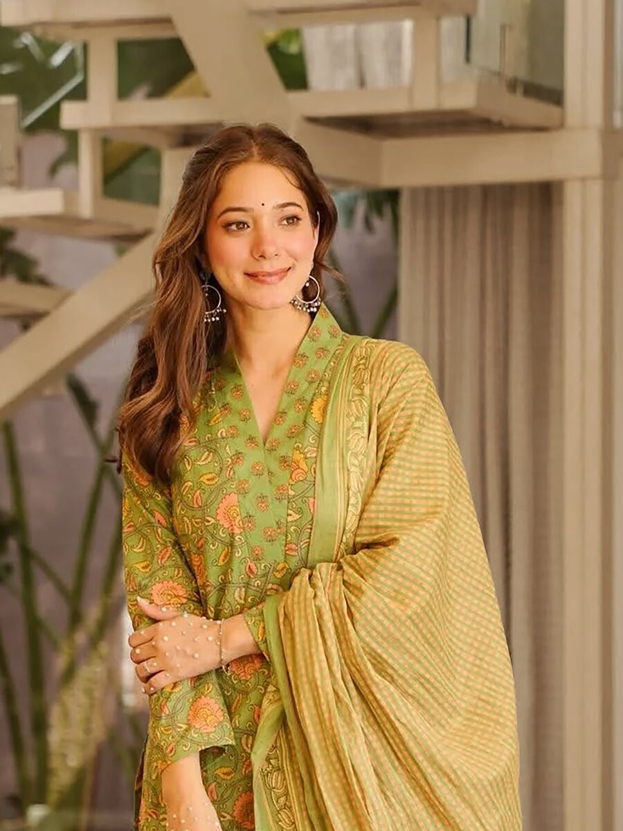Olive Green Cambric cottan Printed Wedding Party Festival Casual Ready Palazzo Pant Salwar Kameez