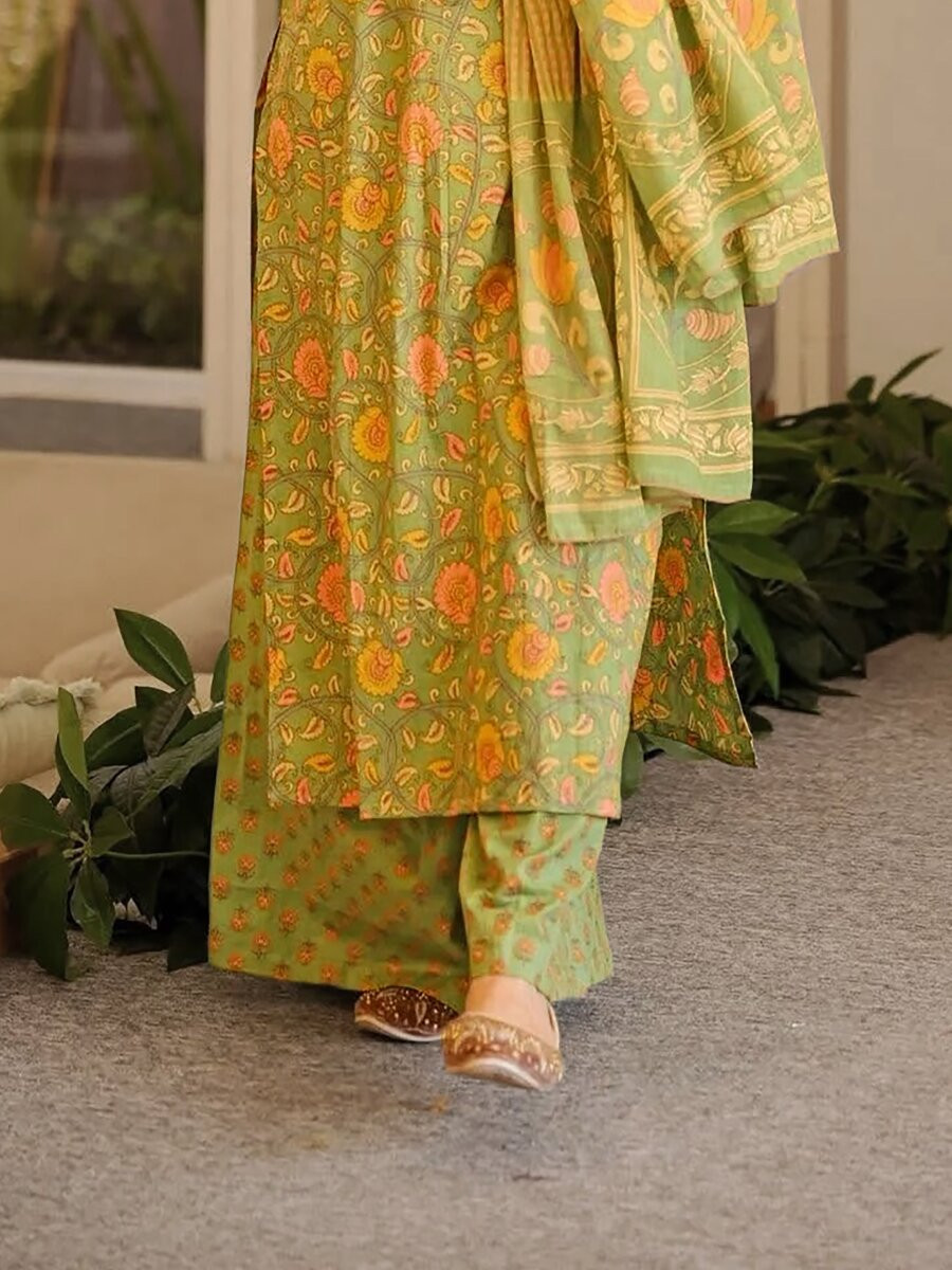 Olive Green Cambric cottan Printed Wedding Party Festival Casual Ready Palazzo Pant Salwar Kameez