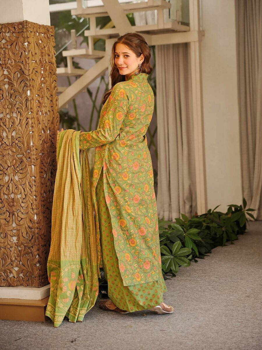 Olive Green Cambric cottan Printed Wedding Party Festival Casual Ready Palazzo Pant Salwar Kameez
