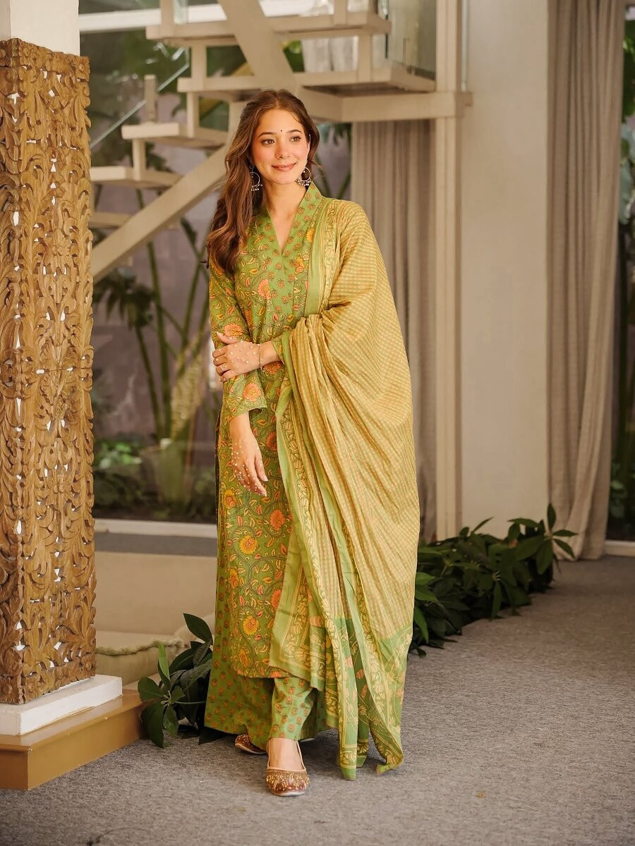 Olive Green Cambric cottan Printed Wedding Party Festival Casual Ready Palazzo Pant Salwar Kameez