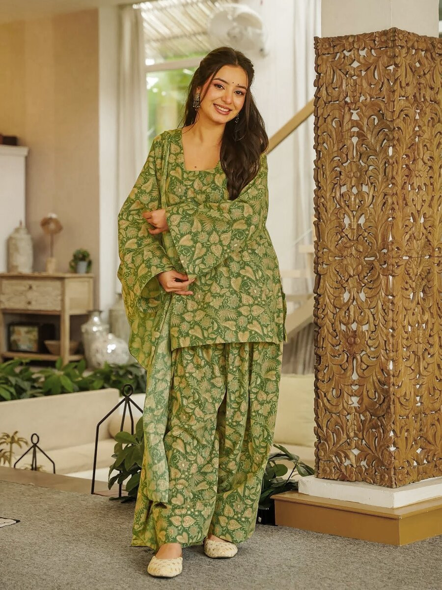 Olive Green Cambric cotton Floral Printed Party Festival Casual Ready Farsi Pant Salwar Kameez