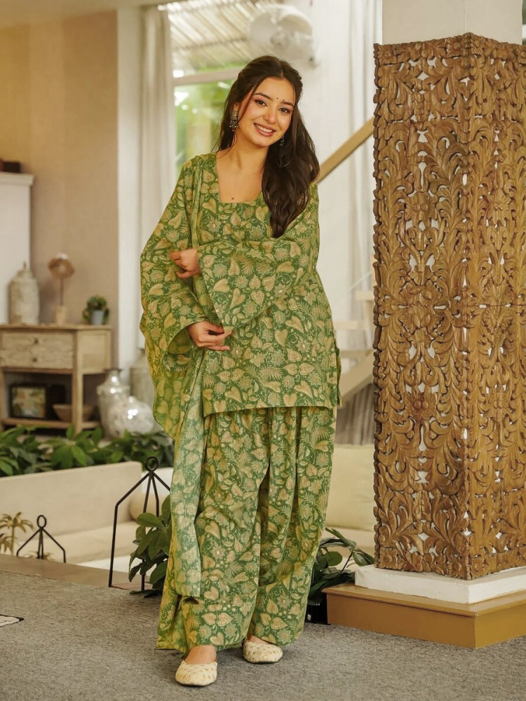 Image of Olive Green Cambric cotton Floral Printed Party Festival Casual Ready Farsi Pant Salwar Kameez