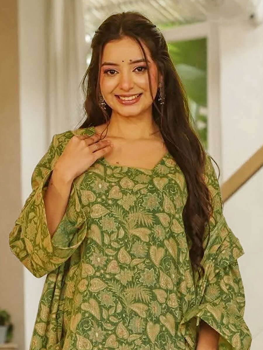 Olive Green Cambric cotton Floral Printed Party Festival Casual Ready Farsi Pant Salwar Kameez