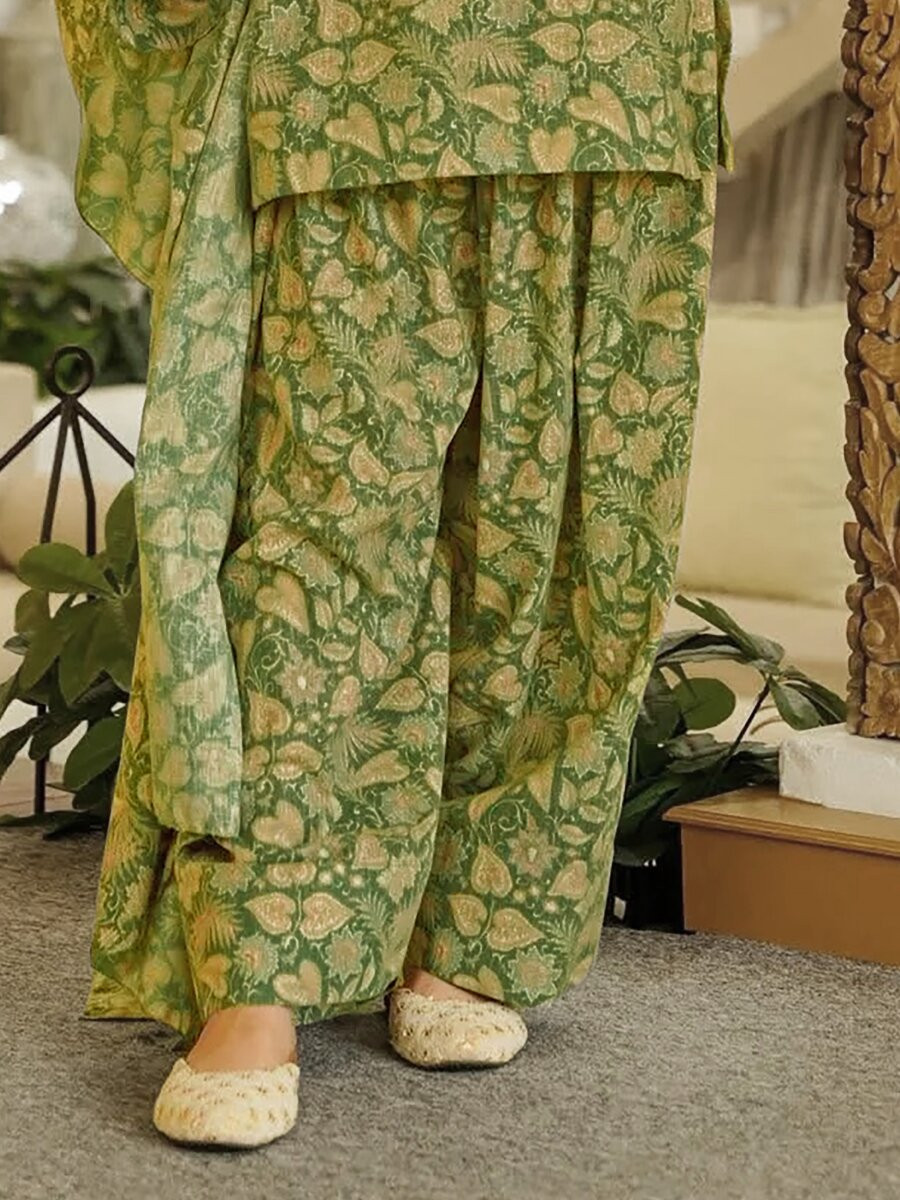 Olive Green Cambric cotton Floral Printed Party Festival Casual Ready Farsi Pant Salwar Kameez