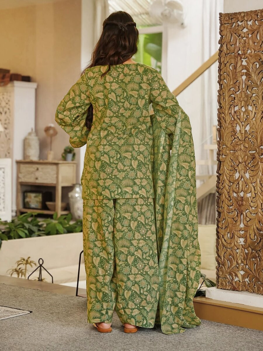 Olive Green Cambric cotton Floral Printed Party Festival Casual Ready Farsi Pant Salwar Kameez