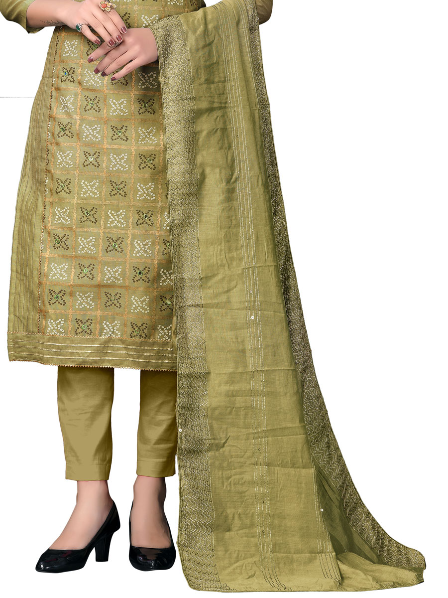 Olive Green Chanderi Cotton Embroidered Festival Churidar Kameez