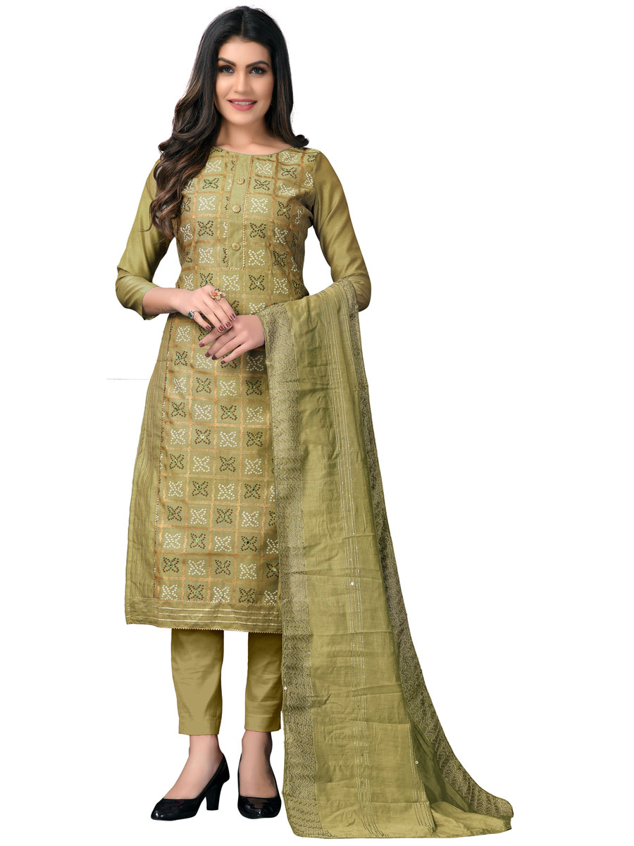 Olive Green Chanderi Cotton Embroidered Festival Churidar Kameez