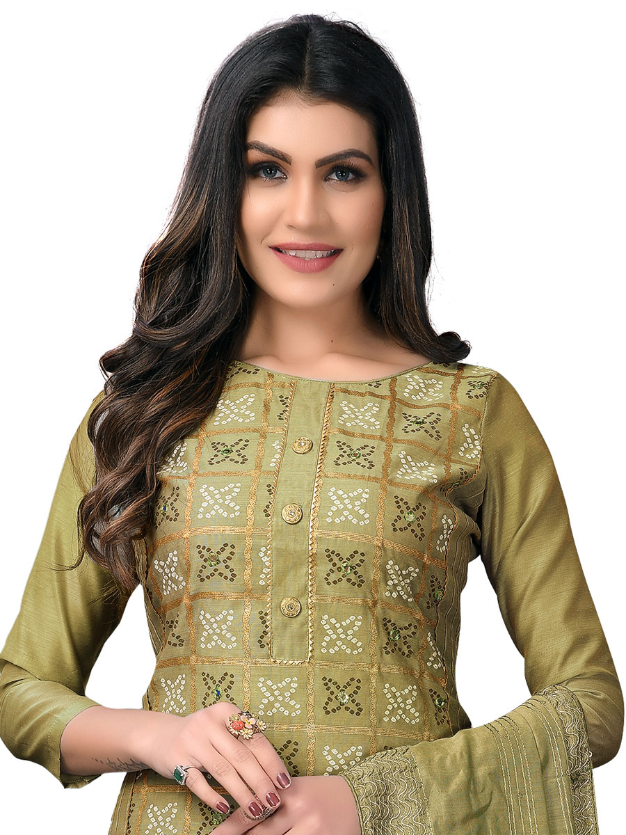 Olive Green Chanderi Cotton Embroidered Festival Churidar Kameez