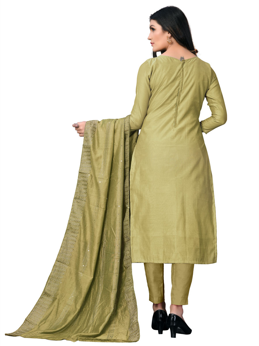 Olive Green Chanderi Cotton Embroidered Festival Churidar Kameez