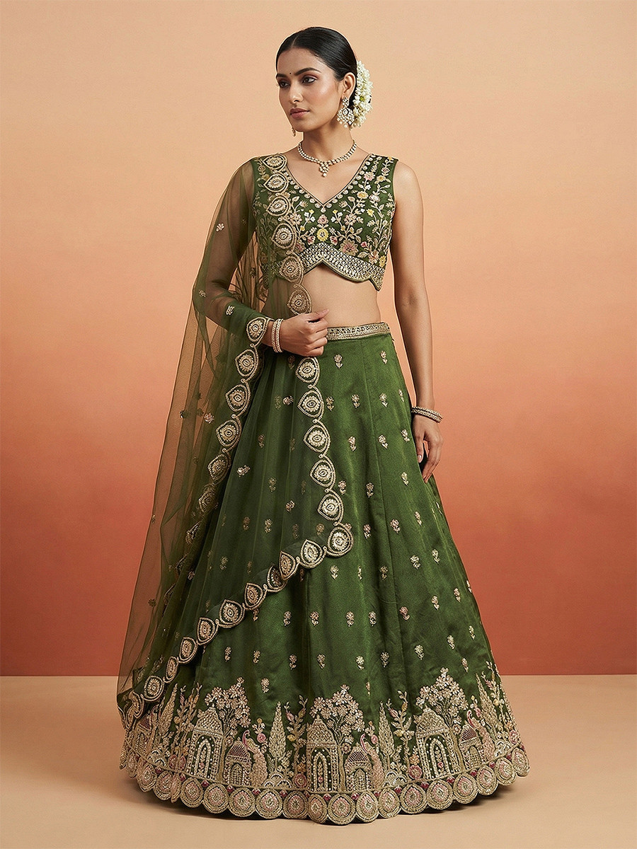 Olive Green Chinnon Embroidery Zari Sequins Wedding Reception Party Wear Festival Heavy Border Lehenga Choli