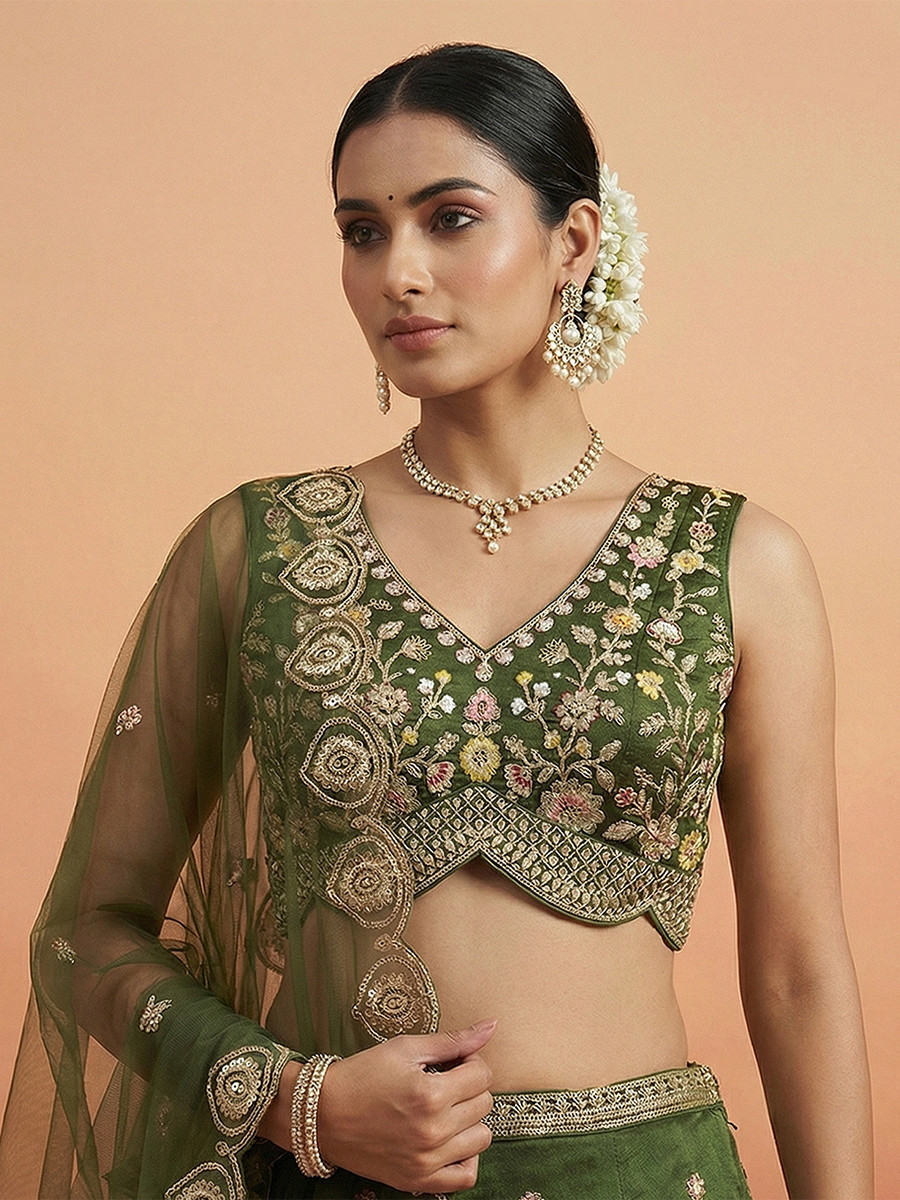Olive Green Chinnon Embroidery Zari Sequins Wedding Reception Party Wear Festival Heavy Border Lehenga Choli