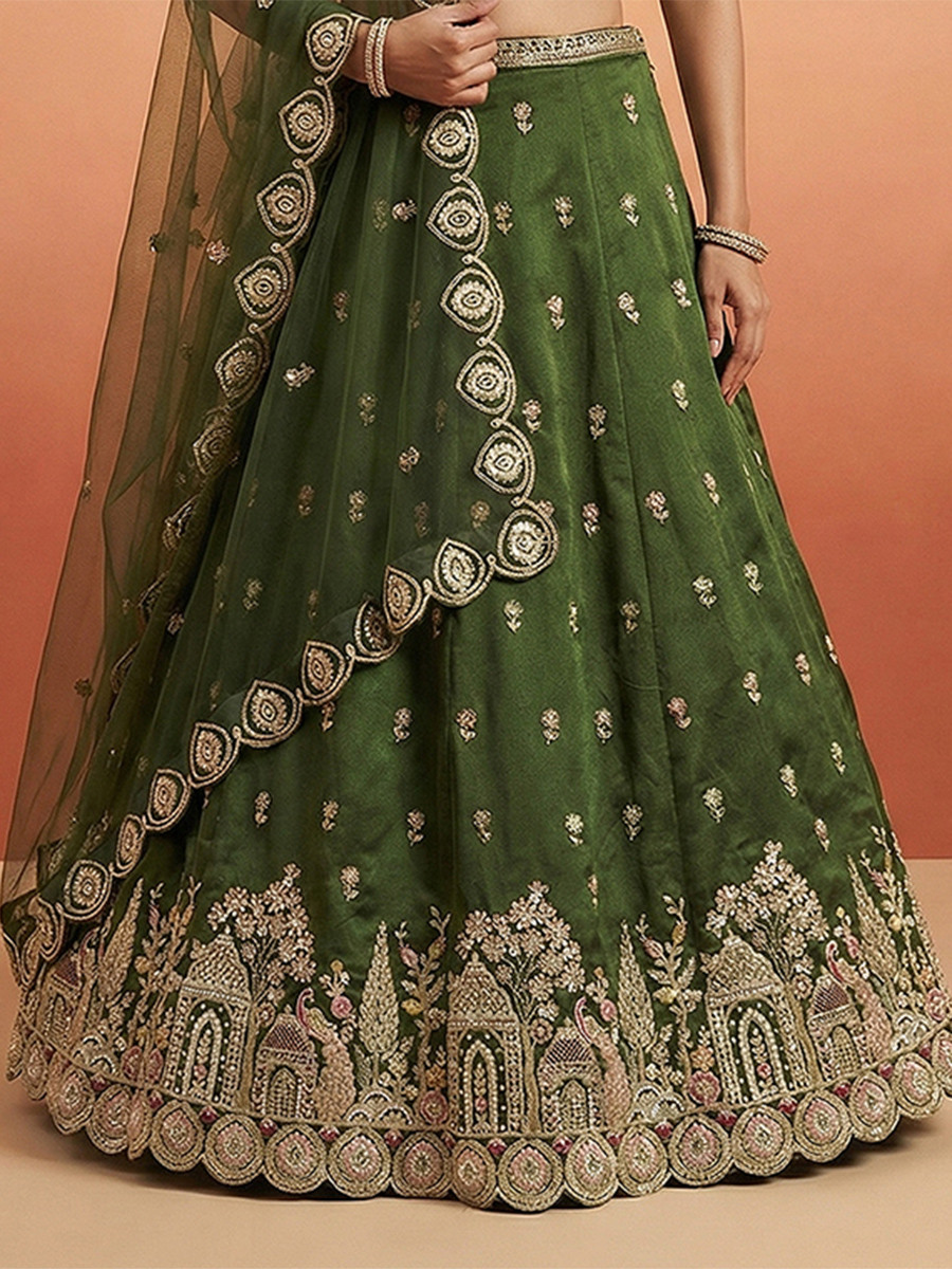 Olive Green Chinnon Embroidery Zari Sequins Wedding Reception Party Wear Festival Heavy Border Lehenga Choli