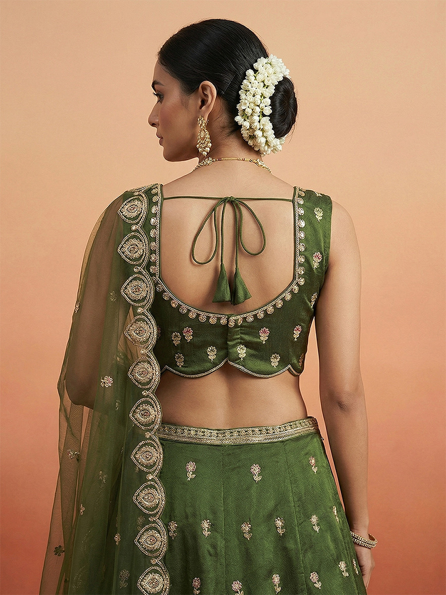 Olive Green Chinnon Embroidery Zari Sequins Wedding Reception Party Wear Festival Heavy Border Lehenga Choli
