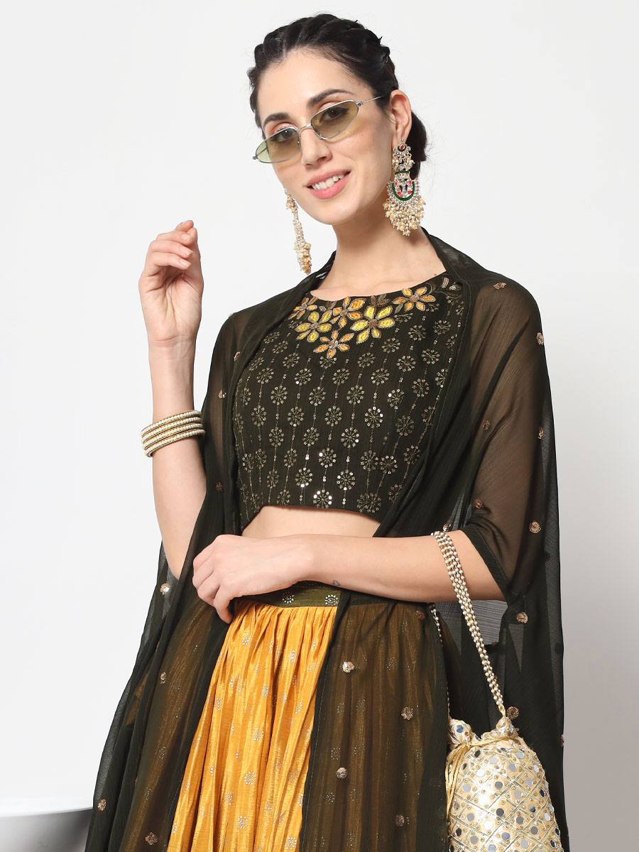 Olive Green Chinon Silk Embroidered Festival Party Wear Heavy Border Lehenga Choli