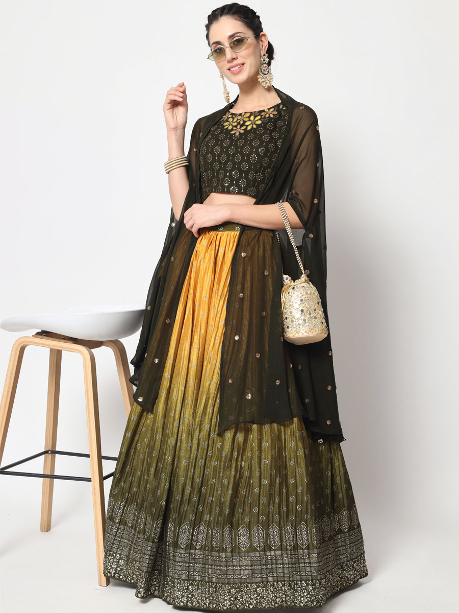 Olive Green Chinon Silk Embroidered Festival Party Wear Heavy Border Lehenga Choli