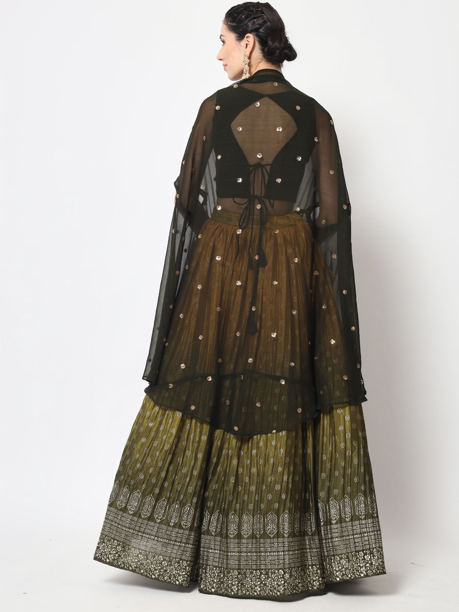 Olive Green Chinon Silk Embroidered Festival Party Wear Heavy Border Lehenga Choli