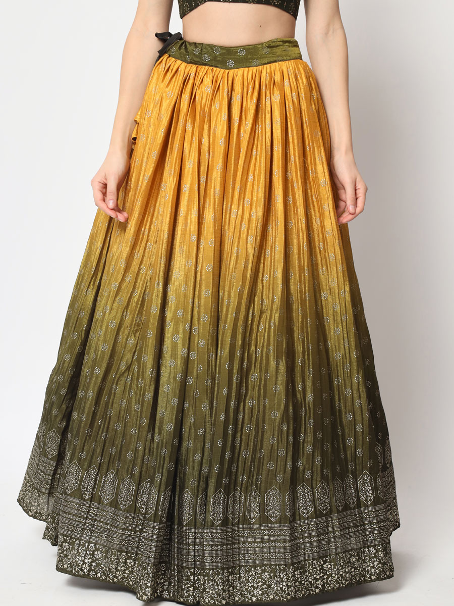 Olive Green Chinon Silk Embroidered Festival Party Wear Heavy Border Lehenga Choli