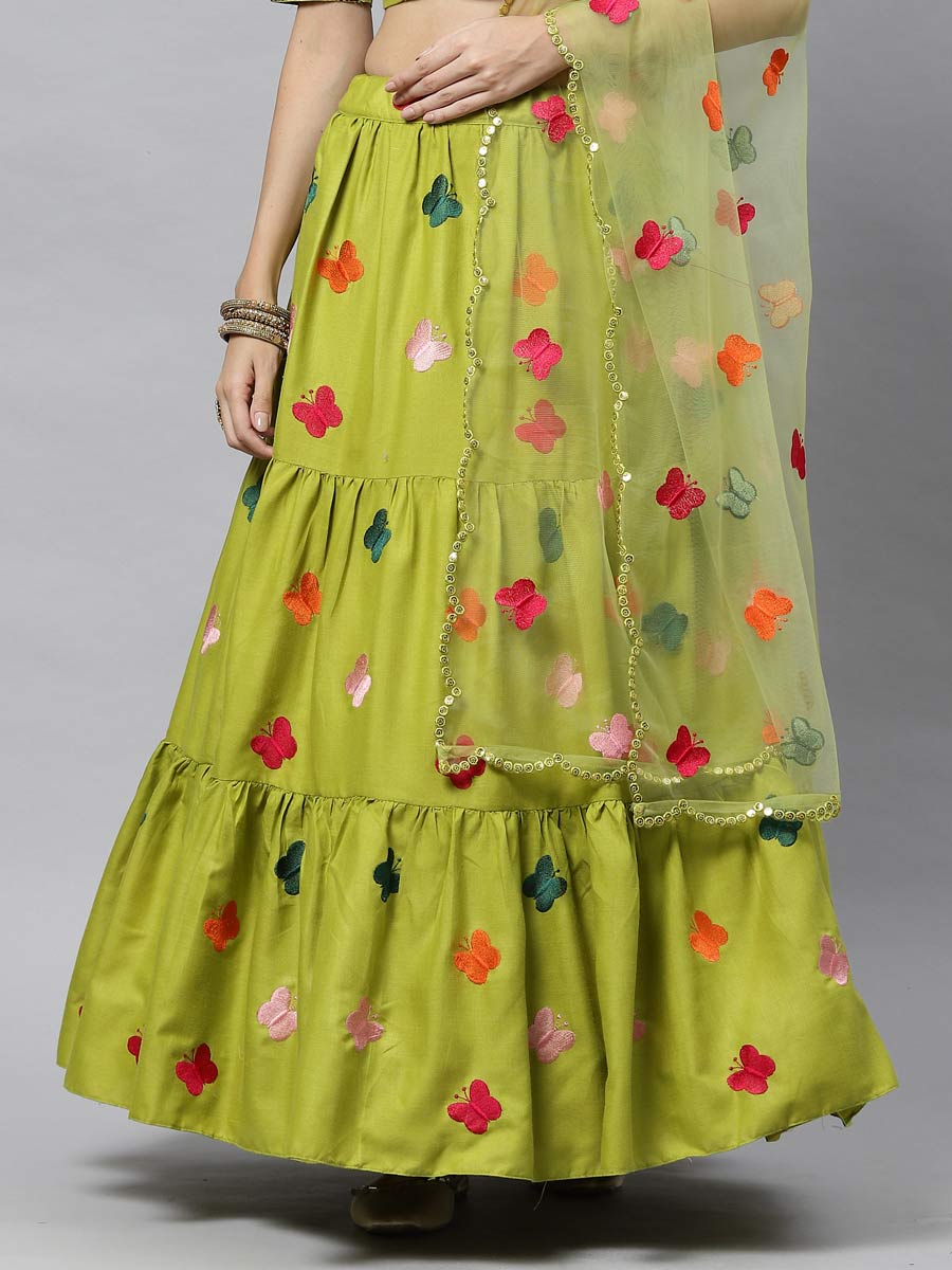 Olive Green Cotton Embroidered Party Lehenga Choli
