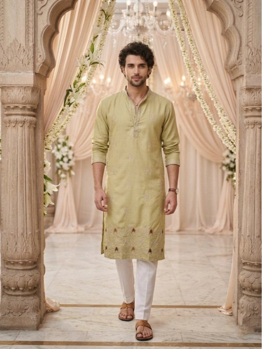 Olive Green Cotton Embroidery Wedding Party Festival Casual Mens Kurta