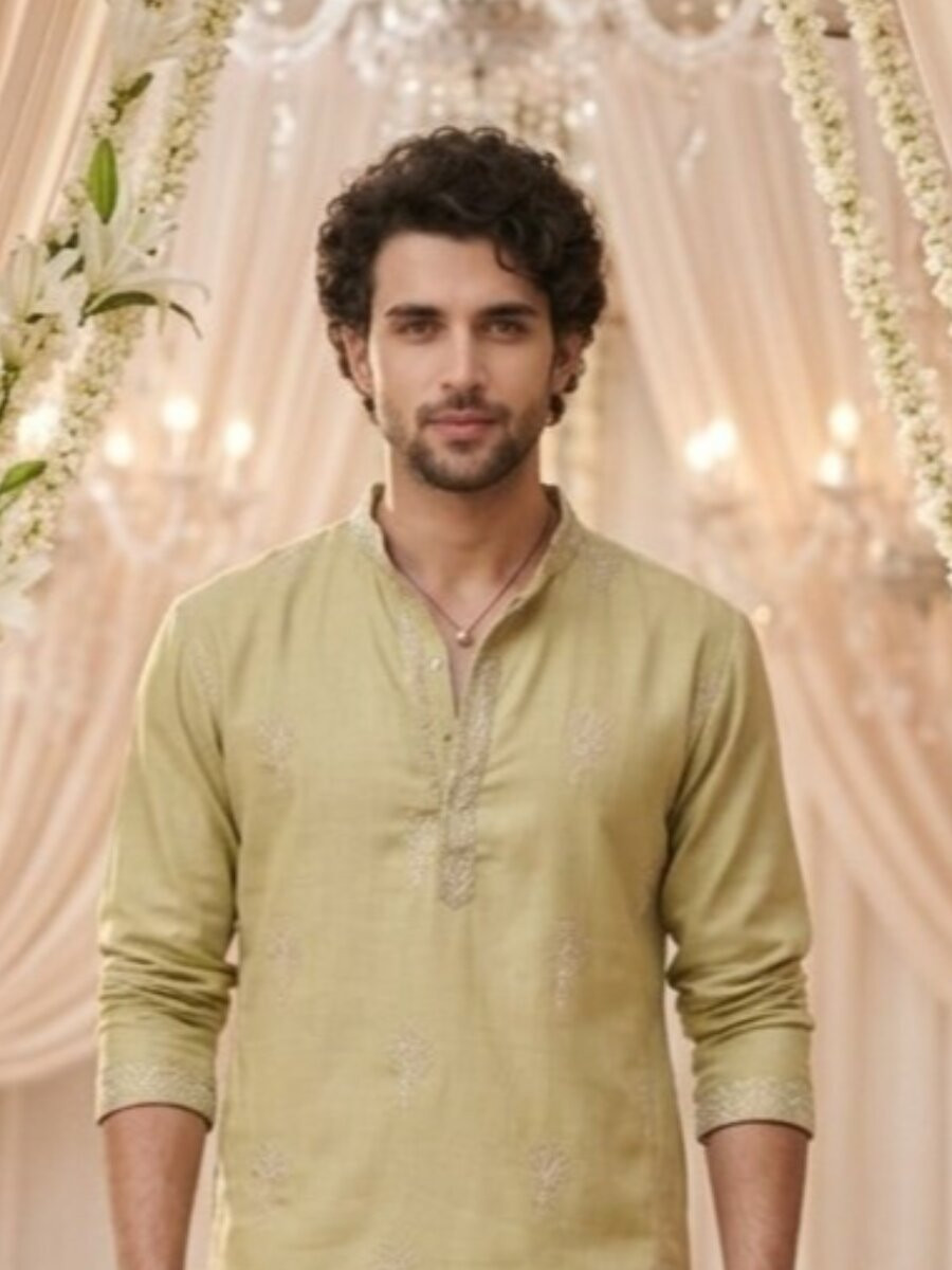 Olive Green Cotton Embroidery Wedding Party Festival Casual Mens Kurta