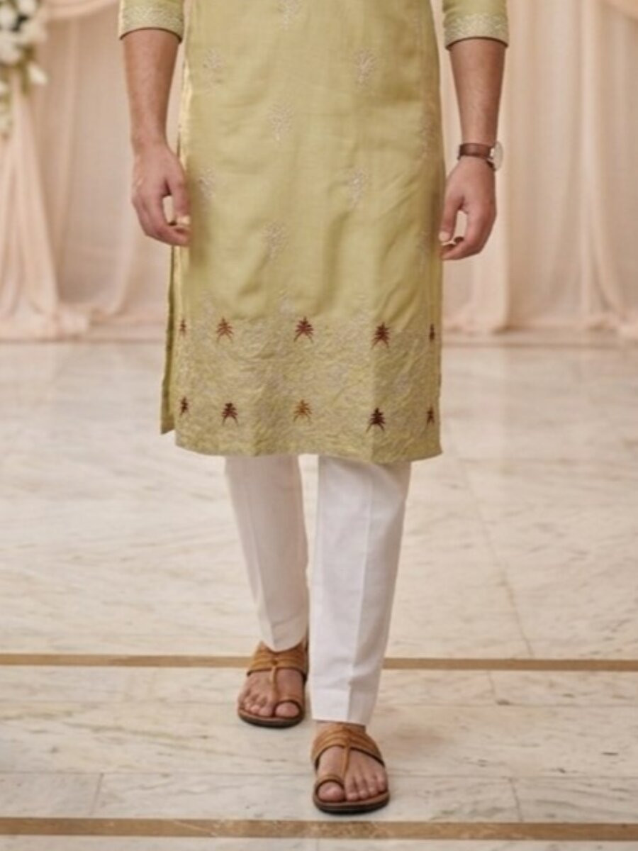 Olive Green Cotton Embroidery Wedding Party Festival Casual Mens Kurta
