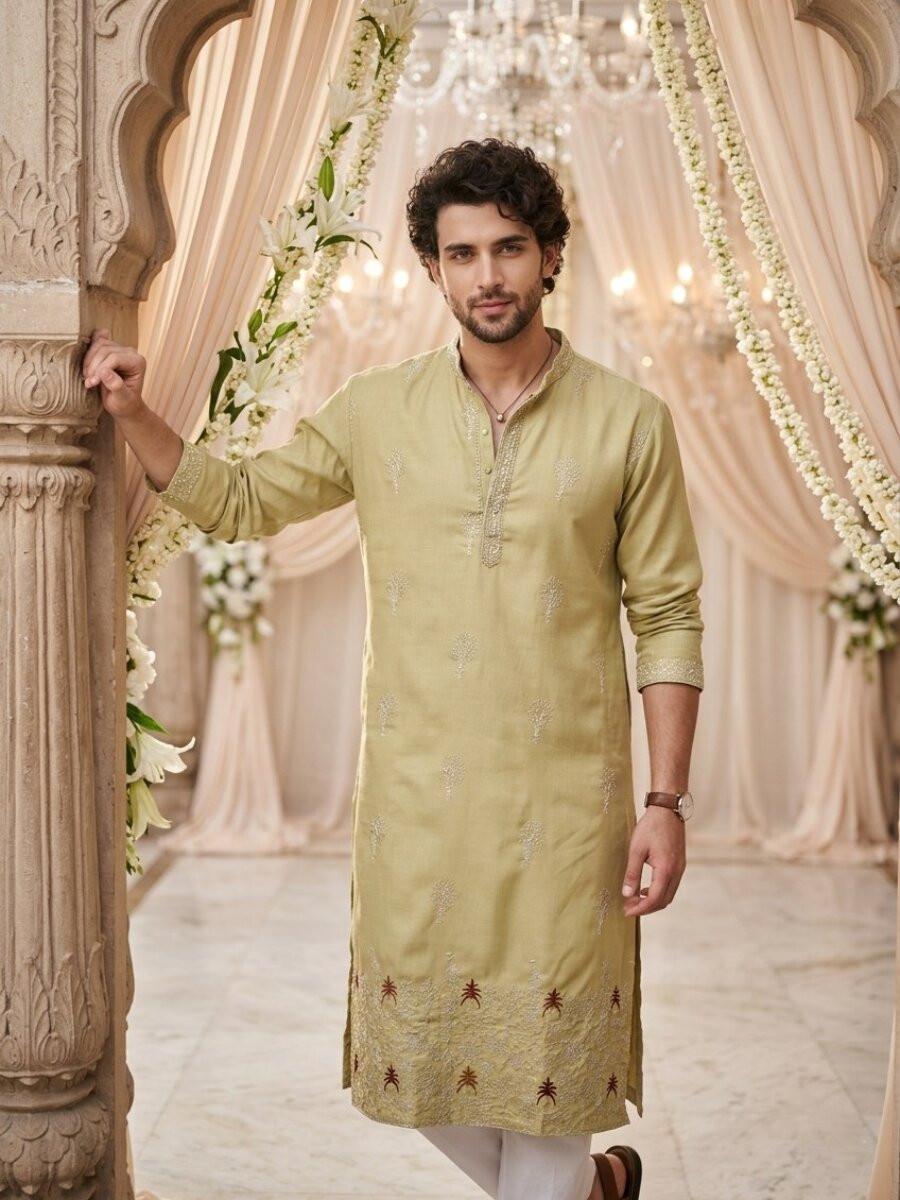 Olive Green Cotton Embroidery Wedding Party Festival Casual Mens Kurta