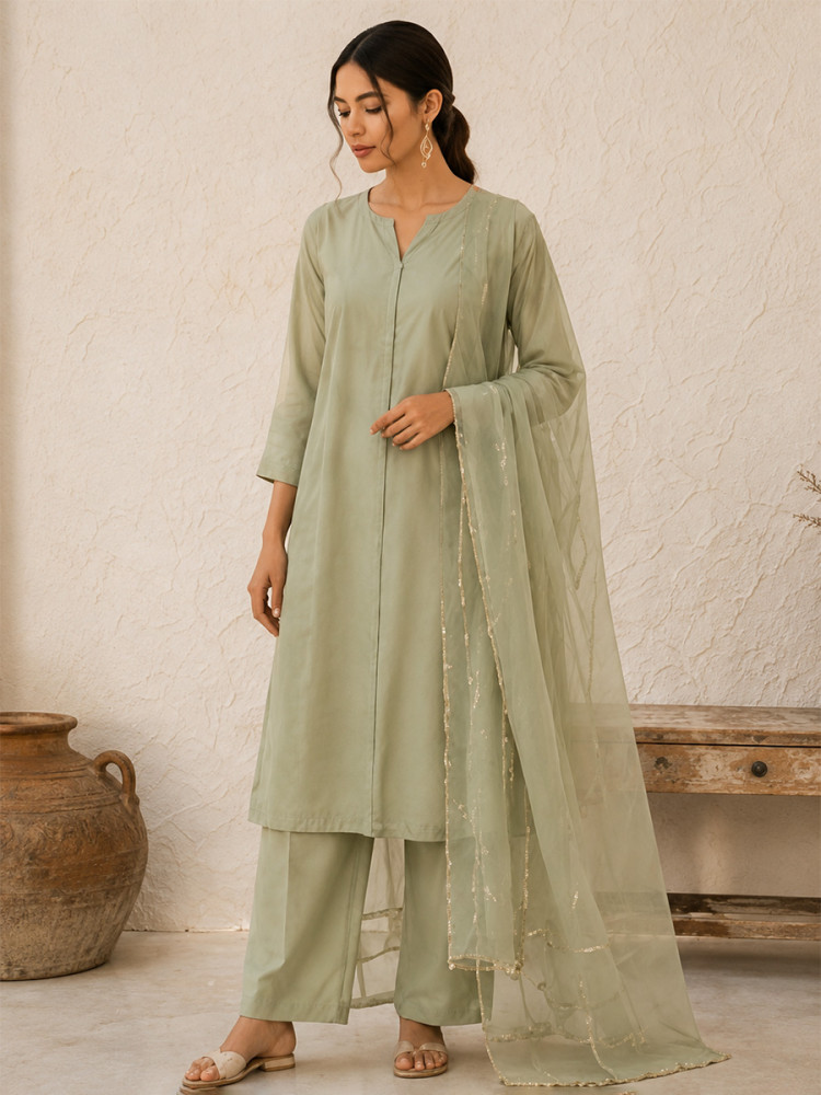 Image of Olive Green Cotton Plain Wedding Party Festival Casual Ready Palazzo Pant Salwar Kameez